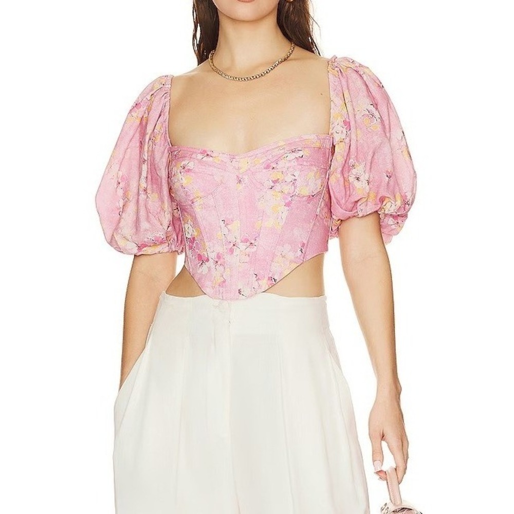 Bardot Kiah Pink Garden Off Shoulder Ballon Puff Sleeve Corset Crop Top Size 4